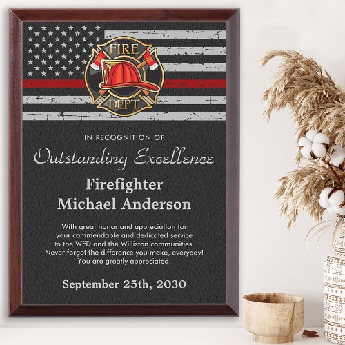 Firefighter Fire Dept Custom Logo Thin Red Line Award Plaque