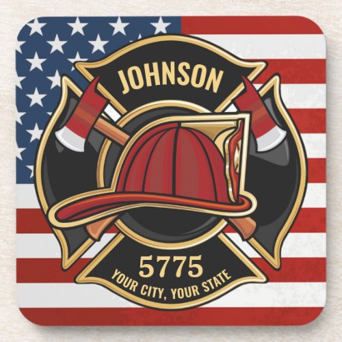 Firefighter Fire Rescue Department USA Flag Custom Beverage Coaster