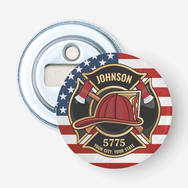 Firefighter Fire Rescue Department USA Flag Custom Bottle Opener (Front)