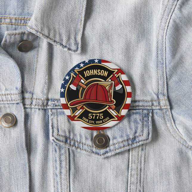 Firefighter Fire Rescue Department USA Flag Custom Button (In Situ)