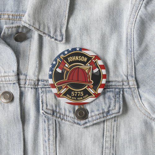 Firefighter Fire Rescue Department USA Flag Custom Button