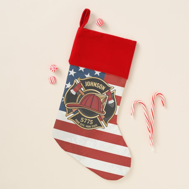 Firefighter Fire Rescue Department USA Flag Custom Christmas Stocking (Front)
