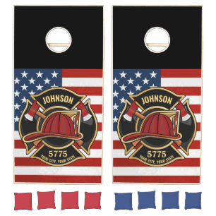 Firefighter Fire Rescue Department USA Flag Custom Cornhole Set