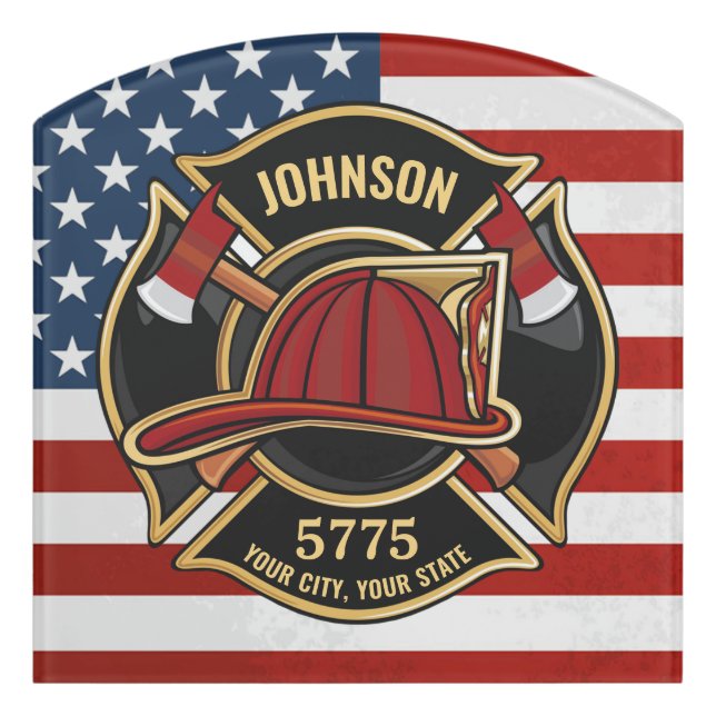 Firefighter Fire Rescue Department USA Flag Custom Door Sign (Contour Front)