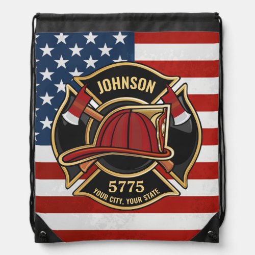 Firefighter Fire Rescue Department USA Flag Custom Drawstring Bag