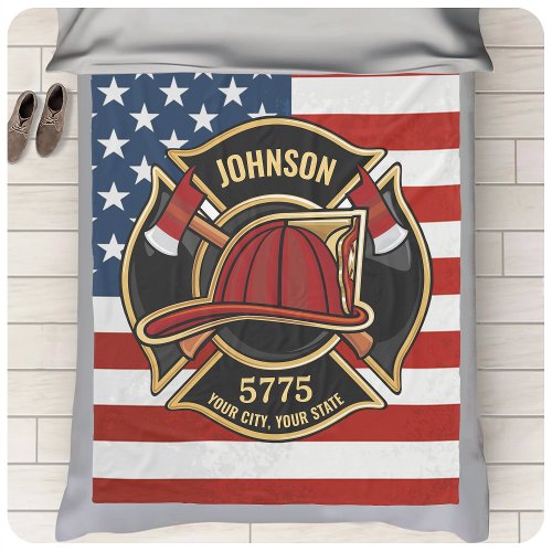 Firefighter Fire Rescue Department USA Flag Custom Fleece Blanket