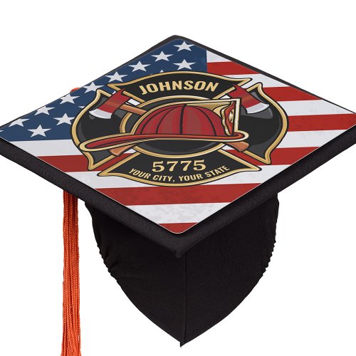 Firefighter Fire Rescue Department USA Flag Custom Graduation Cap Topper