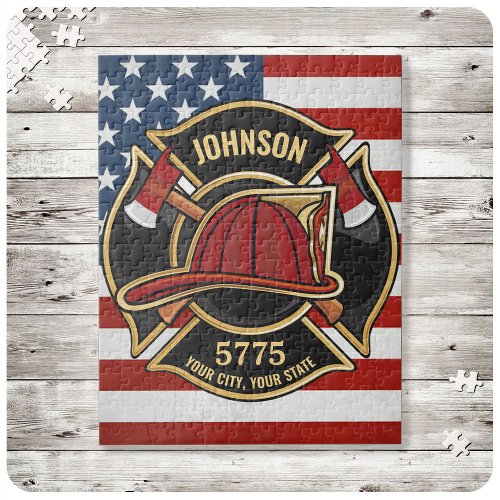 Firefighter Fire Rescue Department USA Flag Custom Jigsaw Puzzle