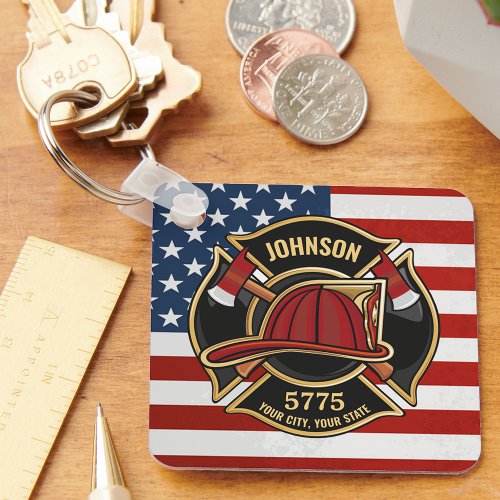 Firefighter Fire Rescue Department USA Flag Custom Keychain