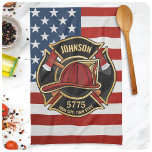 Firefighter Fire Rescue Department USA Flag Custom Kitchen Towel<br><div class="desc">Firefighter NAME Fireman Fire Department USA Flag design - Emblem with Red Helmet and Axe. Customize with your Name,  Station/Dept Number and location.</div>