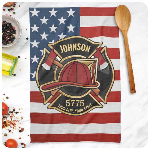 Firefighter Fire Rescue Department USA Flag Custom Kitchen Towel