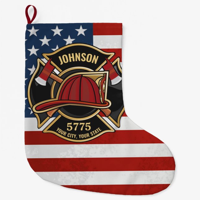 Firefighter Fire Rescue Department USA Flag Custom Large Christmas Stocking (Front)