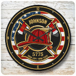 Firefighter Fire Rescue Department USA Flag Custom Large Clock<br><div class="desc">Firefighter NAME Fireman Fire Department USA Flag design - Emblem with Red Helmet and Axe. Customize with your Name,  Station/Dept Number and location.</div>