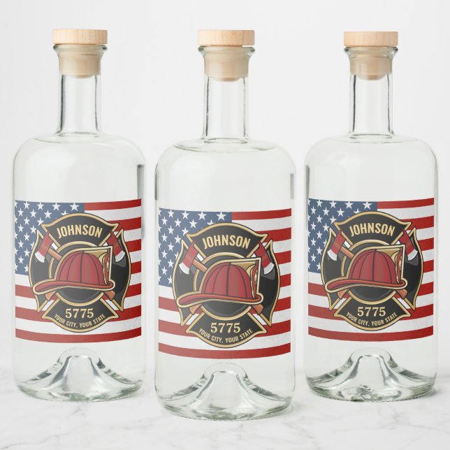 Firefighter Fire Rescue Department USA Flag Custom Liquor Bottle Label (Bottles)