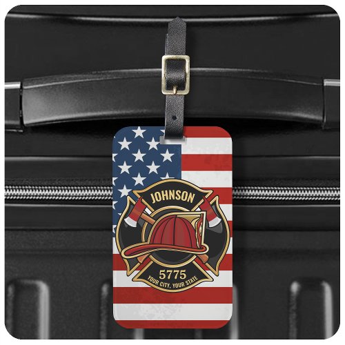 Firefighter Fire Rescue Department USA Flag Custom Luggage Tag