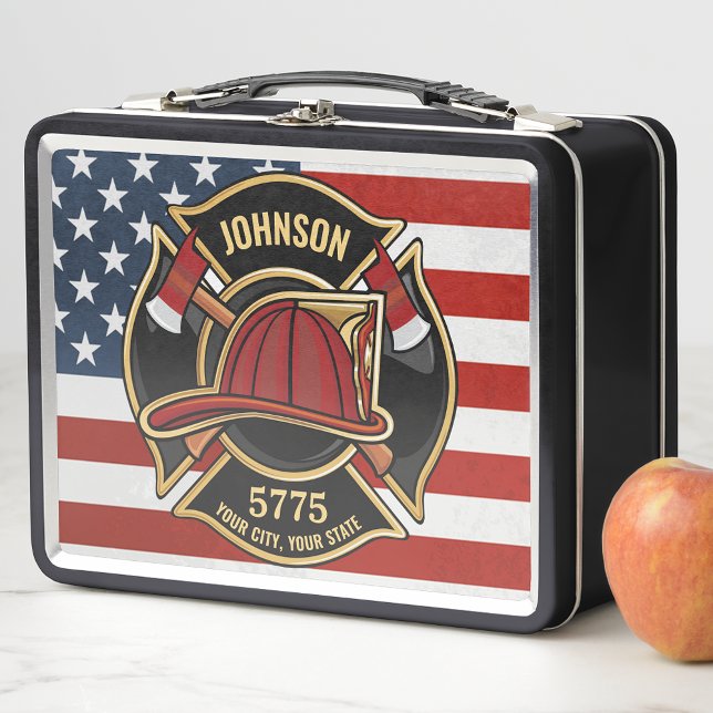 Firefighter Fire Rescue Department USA Flag Custom Metal Lunch Box (Creator Uploaded)
