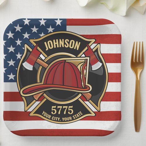 Firefighter Fire Rescue Department USA Flag Custom Paper Plates