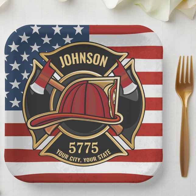 Firefighter Fire Rescue Department USA Flag Custom Paper Plates (Creator Uploaded)
