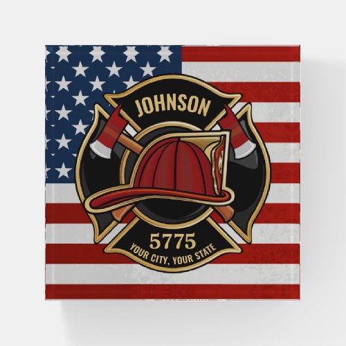 Firefighter Fire Rescue Department USA Flag Custom Paperweight