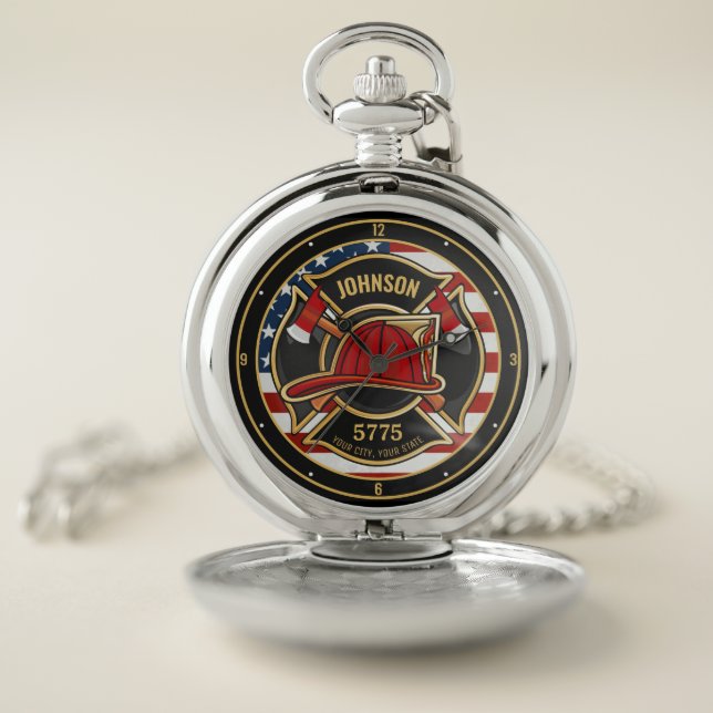 Firefighter Fire Rescue Department USA Flag Custom Pocket Watch (Inside)