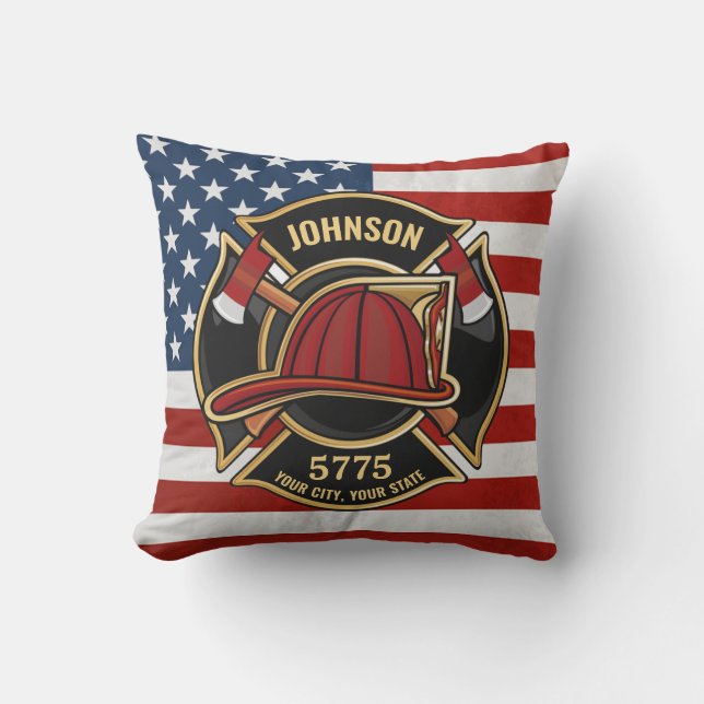 Firefighter Fire Rescue Department USA Flag Custom Throw Pillow (Front)