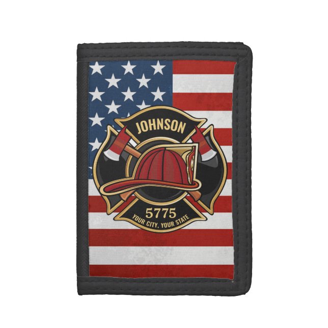 Firefighter Fire Rescue Department USA Flag Custom Trifold Wallet (Front Vertical)