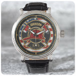 Firefighter Fire Rescue Department USA Flag Custom Watch<br><div class="desc">Firefighter NAME Fireman Fire Department USA Flag design - Emblem with Red Helmet and Axe. Customize with your Name,  Station/Dept Number and location.</div>
