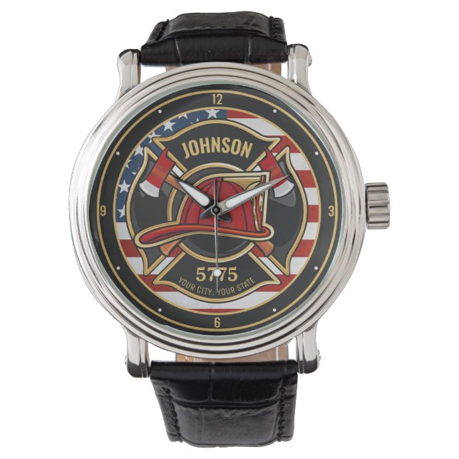 Firefighter Fire Rescue Department USA Flag Custom Watch (Front)