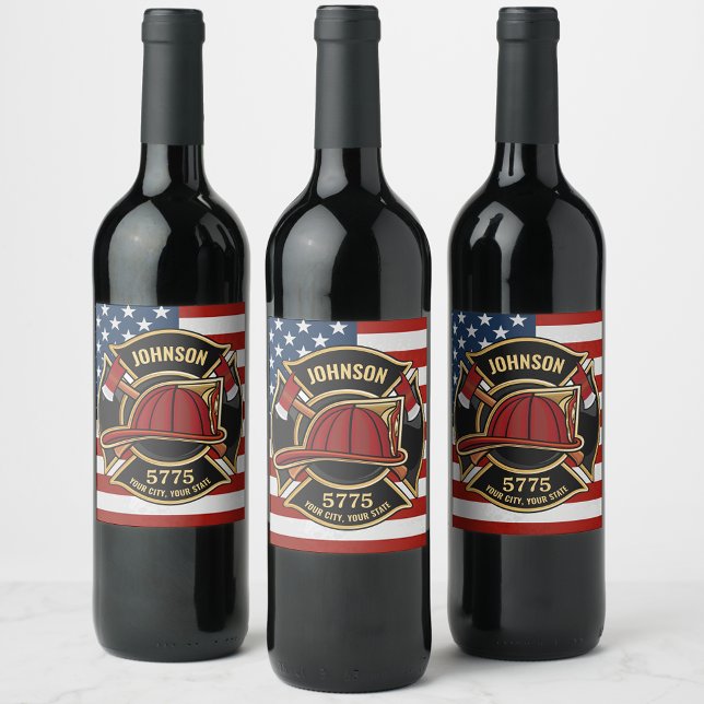 Firefighter Fire Rescue Department USA Flag Custom Wine Label (Creator Uploaded)