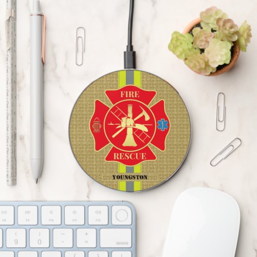 Firefighter Fire Rescue Fabric Maltese Cross Name Wireless Charger