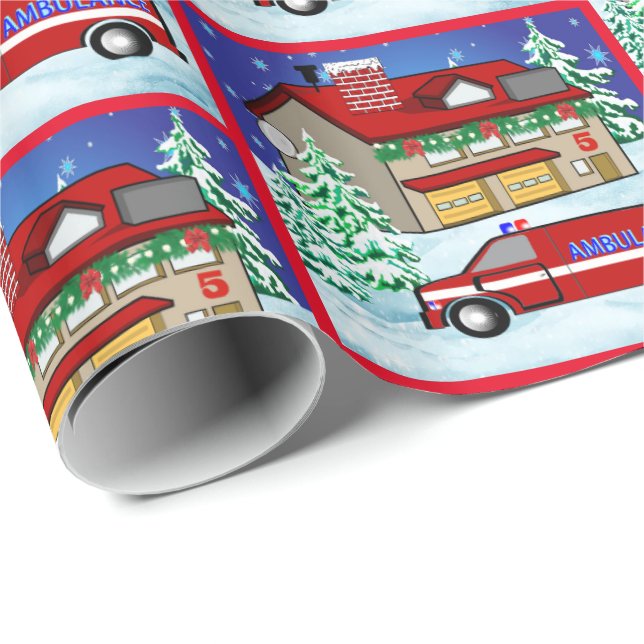 Firefighter Fire Station Ambulance  EMS Christmas Wrapping Paper (Roll Corner)