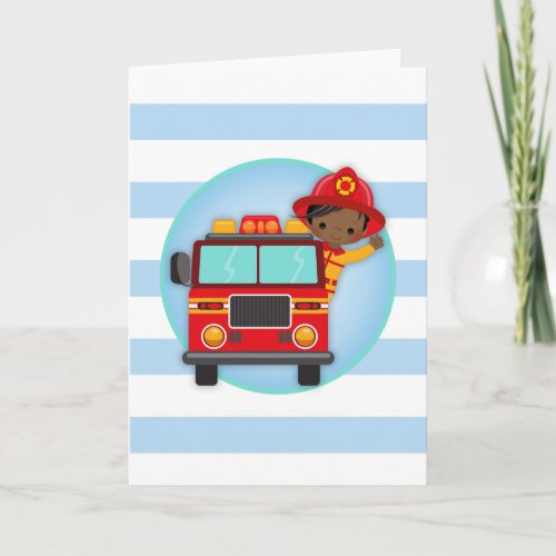 Firefighter Fire Truck African American Boy Card