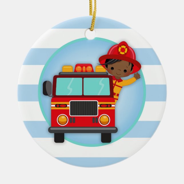 Firefighter Fire Truck African American Boy Ceramic Ornament (Front)