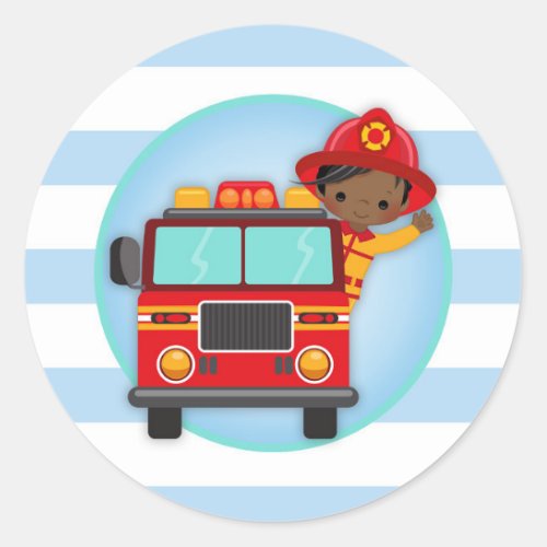 Firefighter Fire Truck African American Boy Classic Round Sticker