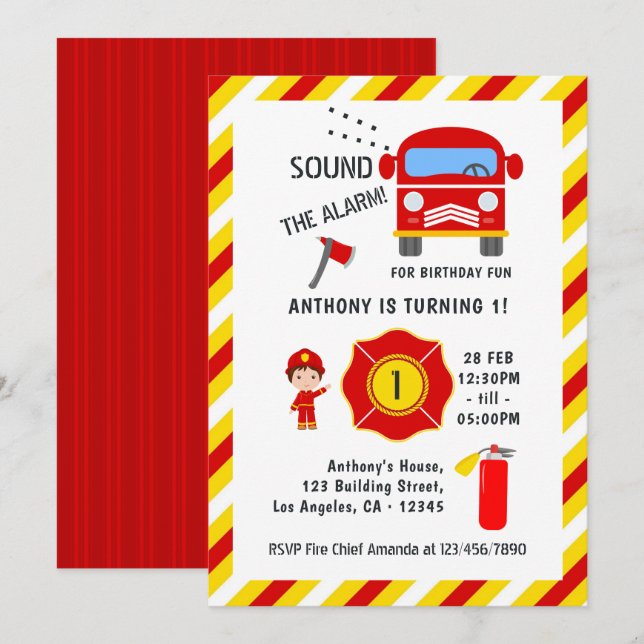 Firefighter Fire Truck Birthday Party Invitation (Front/Back)