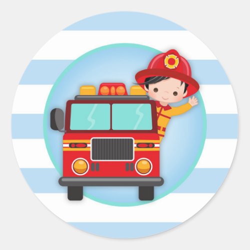 Firefighter Fire Truck Black Hair Boy Classic Round Sticker