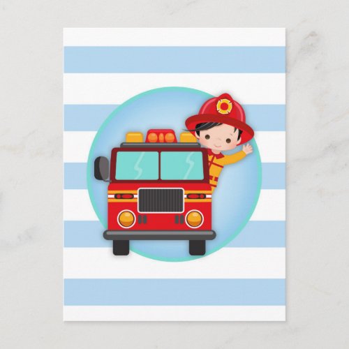 Firefighter Fire Truck Black Hair Boy Postcard