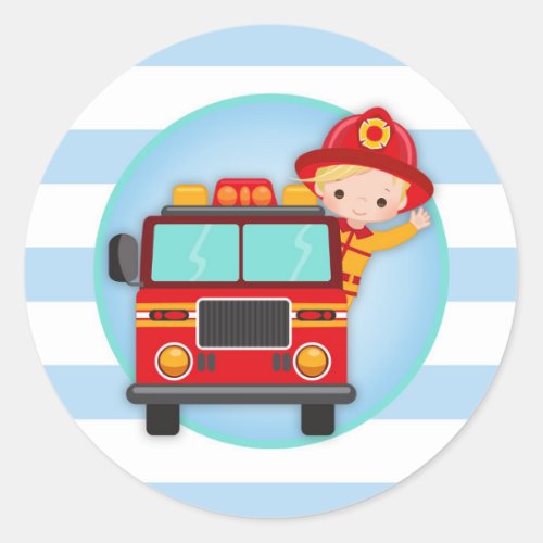 Firefighter Fire Truck Blond Hair Boy Classic Round Sticker