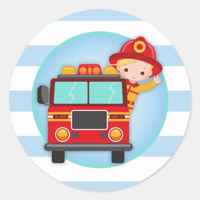 Firefighter Fire Truck Blond Hair Boy Classic Round Sticker (Front)