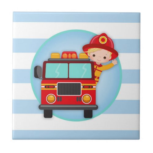 Firefighter Fire Truck Blonde Hair Boy Ceramic Tile