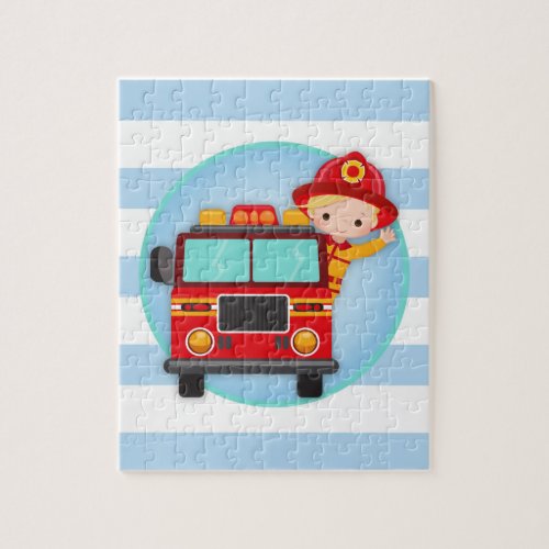 Firefighter Fire Truck Blonde Hair Boy Jigsaw Puzzle