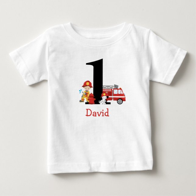 Firefighter Fire Truck Boy First Birthday Outfit Baby T-Shirt (Front)