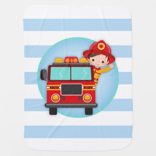 Firefighter Fire Truck Brown Hair Boy Baby Blanket
