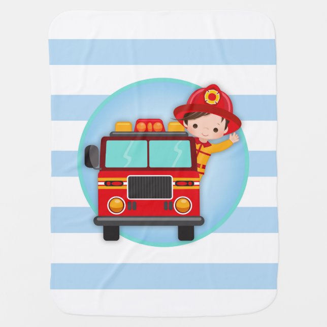 Firefighter Fire Truck Brown Hair Boy Baby Blanket (Front)