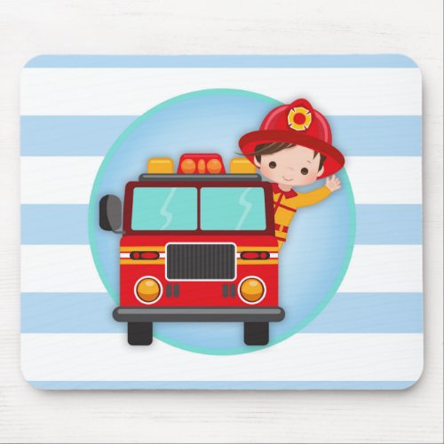 Firefighter Fire Truck Brown Hair Boy Mouse Pad