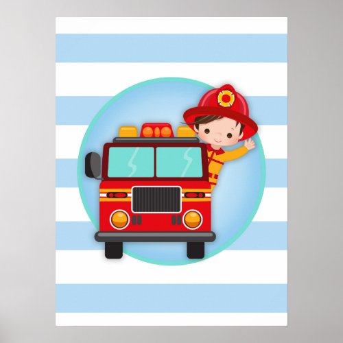 Firefighter Fire Truck Brown Hair Boy Poster