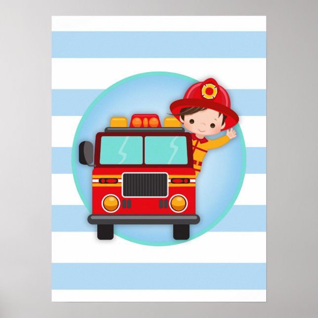 Firefighter Fire Truck Brown Hair Boy Poster (Front)