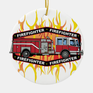 Firefighter Fire Truck Ceramic Ornament