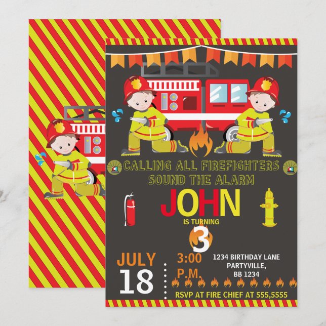 Firefighter Fire Truck chalkboard Birthday Party Invitation (Front/Back)