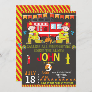 Firefighter Fire Truck chalkboard Birthday Party Invitation